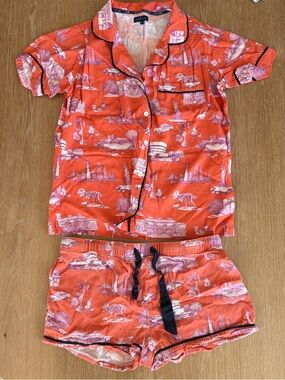 Katie Kime New York City Toile Printed Short Pajama Set with Navy Trim